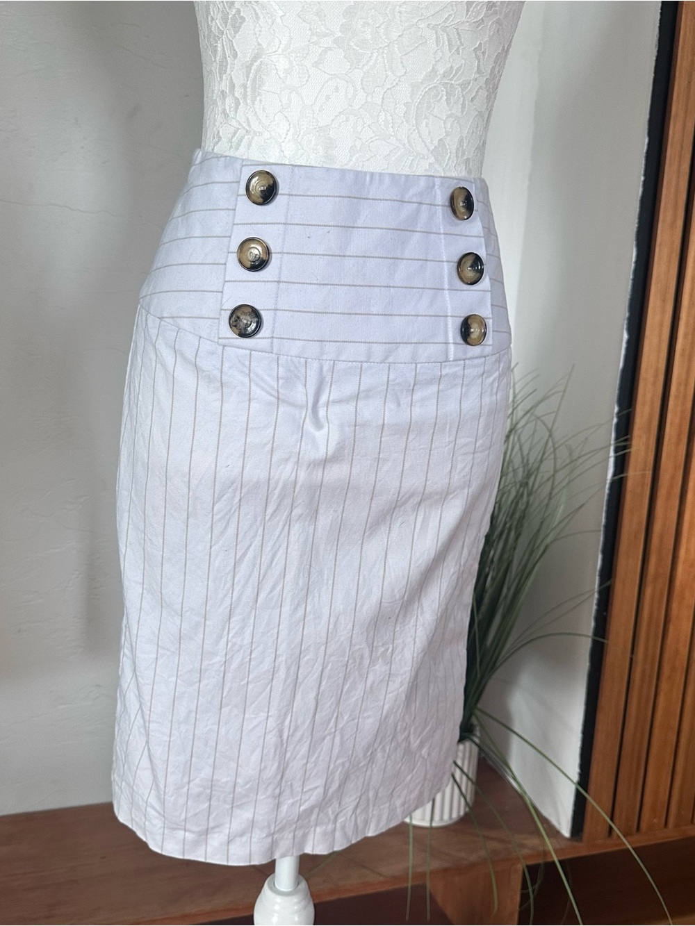 A. Byer White Pinstriped High-Waist Pencil Skirt with Button Accents